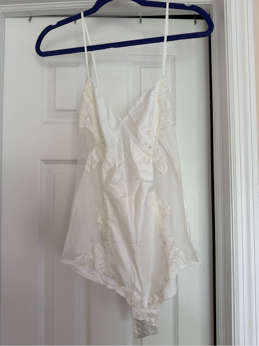 White Lace Trim Satin Bodysuit